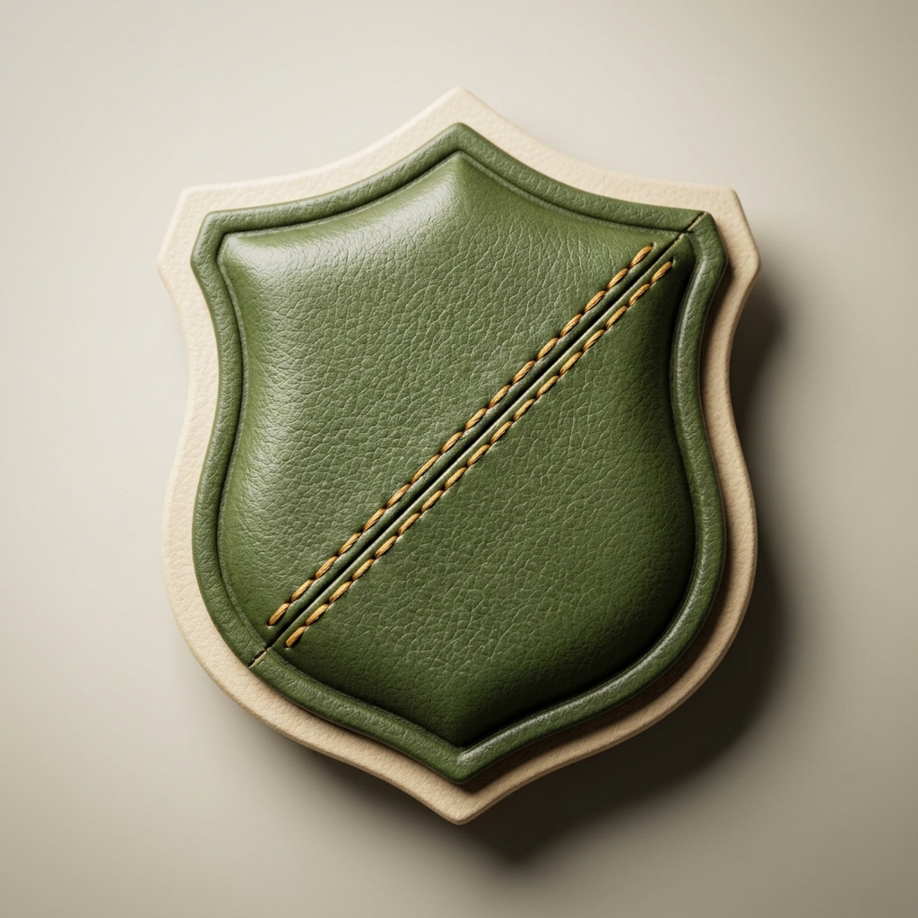Photoreal avocado and cream leather shield badge with mustard saddle-stitch seam, generated externally from the UU brand prompt