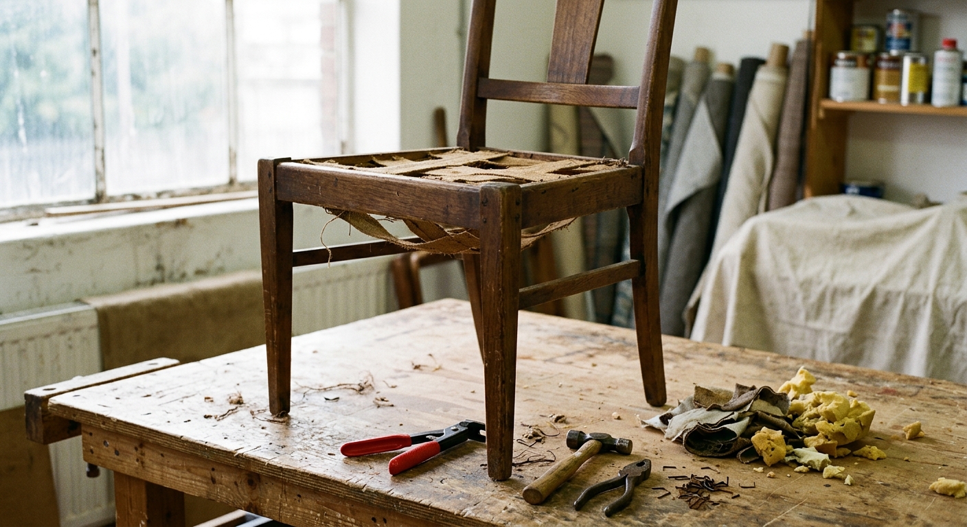 Dining chair stripped to its bare wood frame