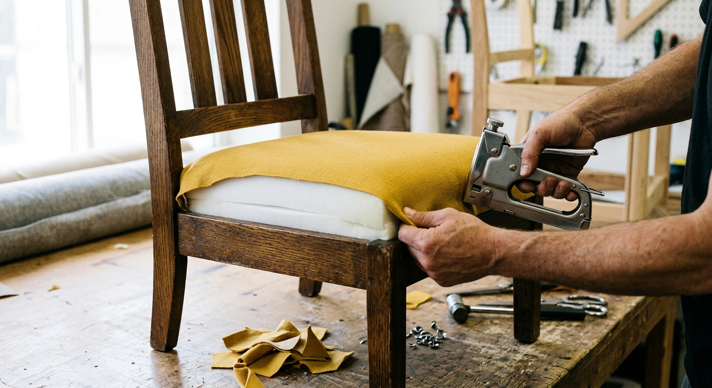 New mustard-yellow fabric being stapled onto the chair