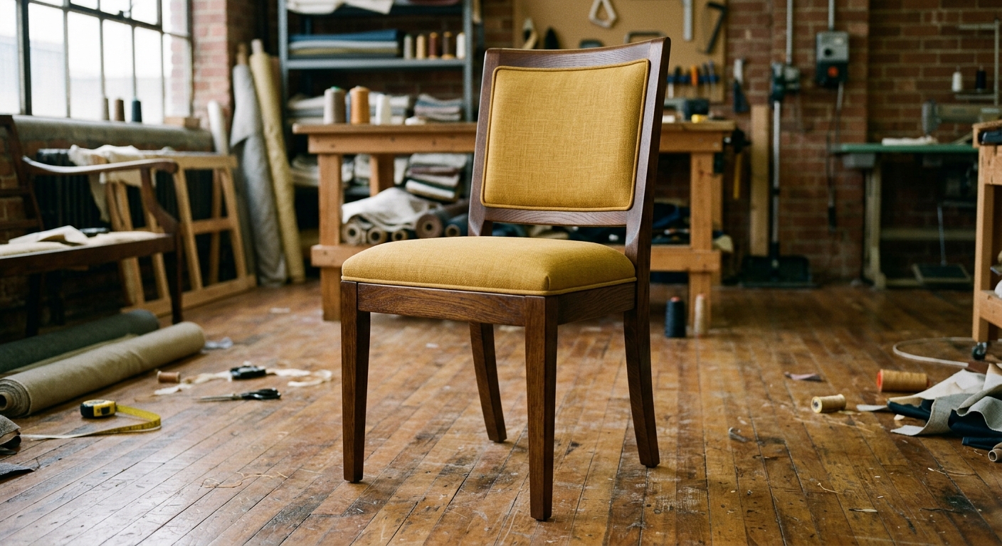 Finished dining chair reupholstered in mustard-yellow fabric
