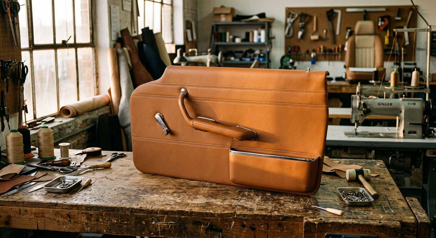 Finished car door panel in new tan leather