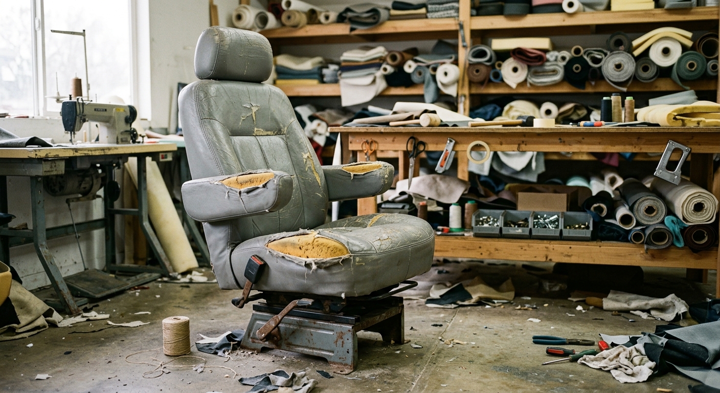 Worn RV captain's chair with cracked gray vinyl, before restoration